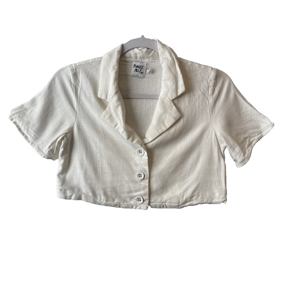 Y2K Princess Polly Linen Cropped Short Sleeve Button Up Shirt White 0 Resort